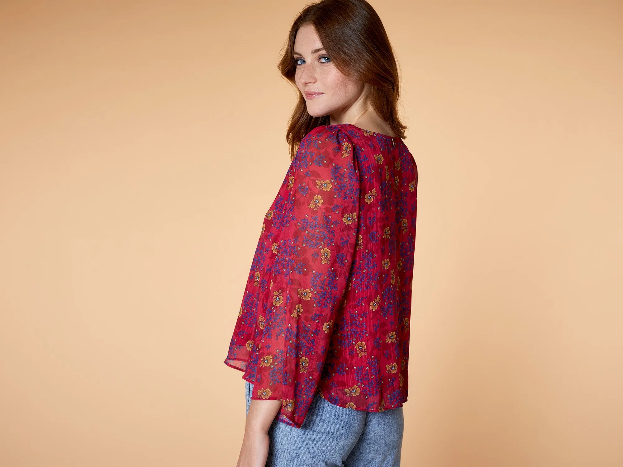 CYRIA - Blouse fuchsia à imprimé floral 70's