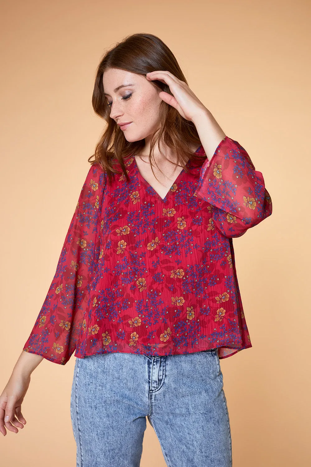 CYRIA - Blouse fuchsia à imprimé floral 70's