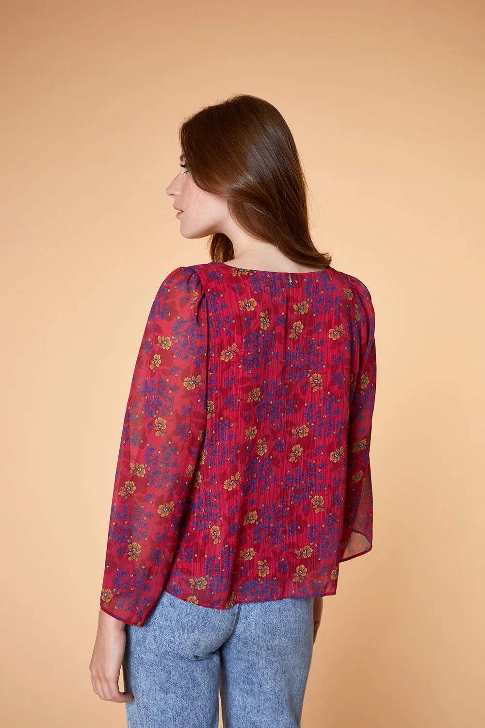CYRIA - Blouse fuchsia à imprimé floral 70's