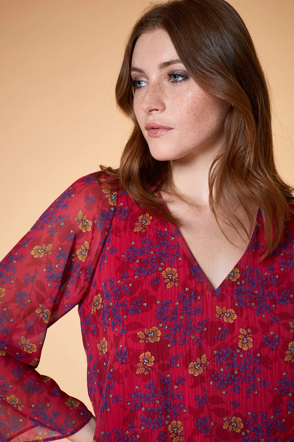 CYRIA - Blouse fuchsia à imprimé floral 70's
