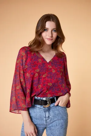 CYRIA - Blouse fuchsia à imprimé floral 70's