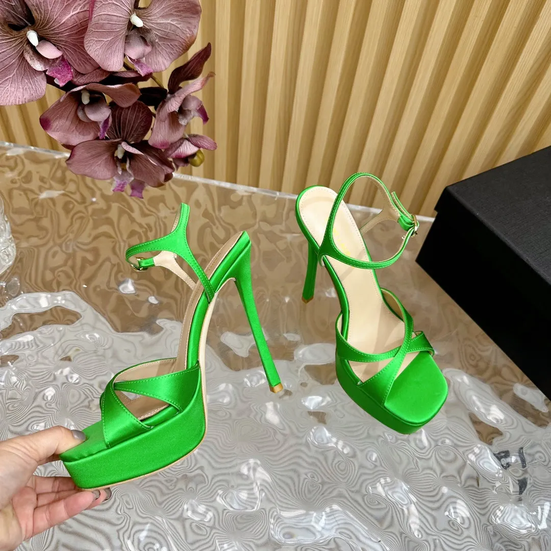 DEBBIE PLATFORM SANDALS IN GREEN SILK