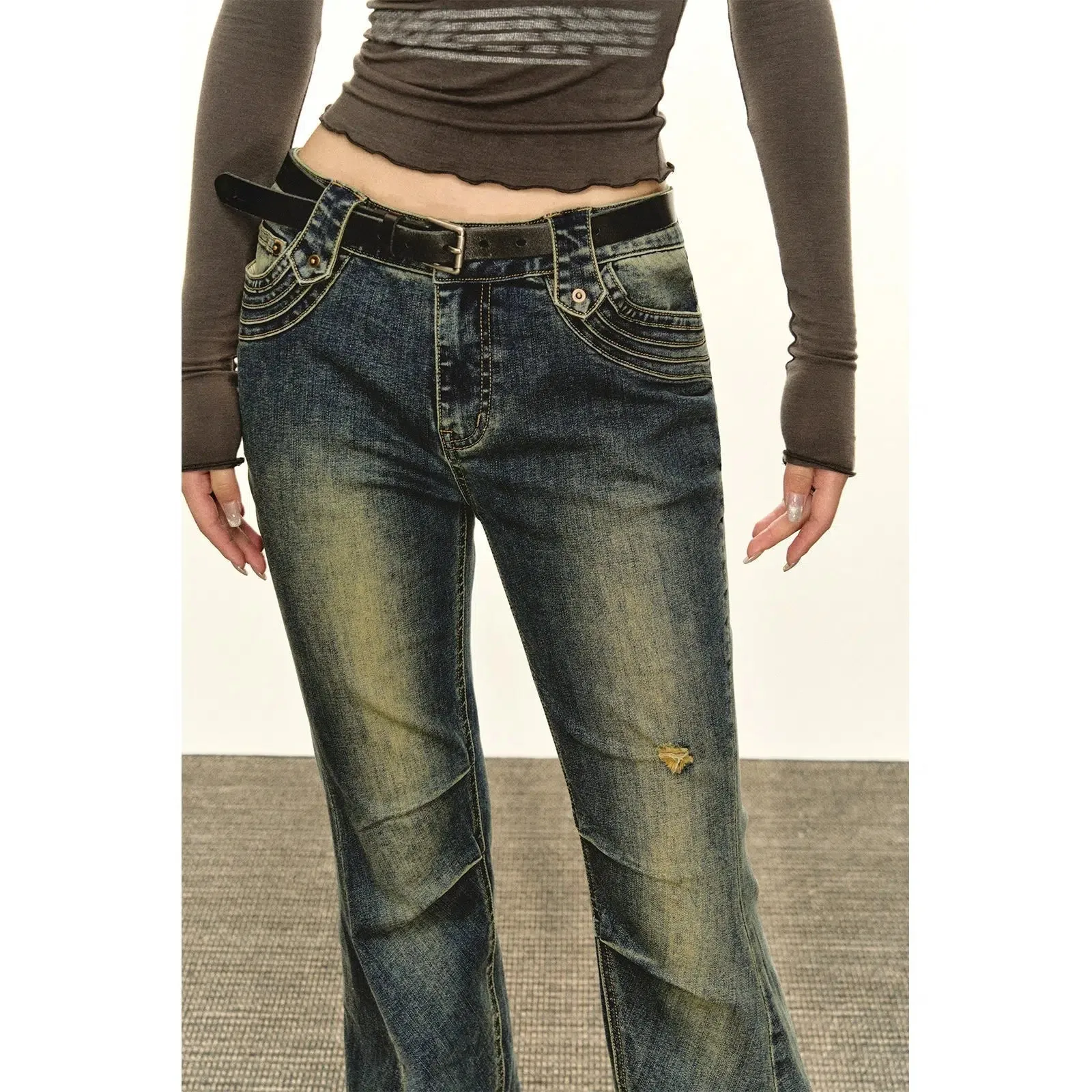 Decorative Stitching Flared Denim Jeans