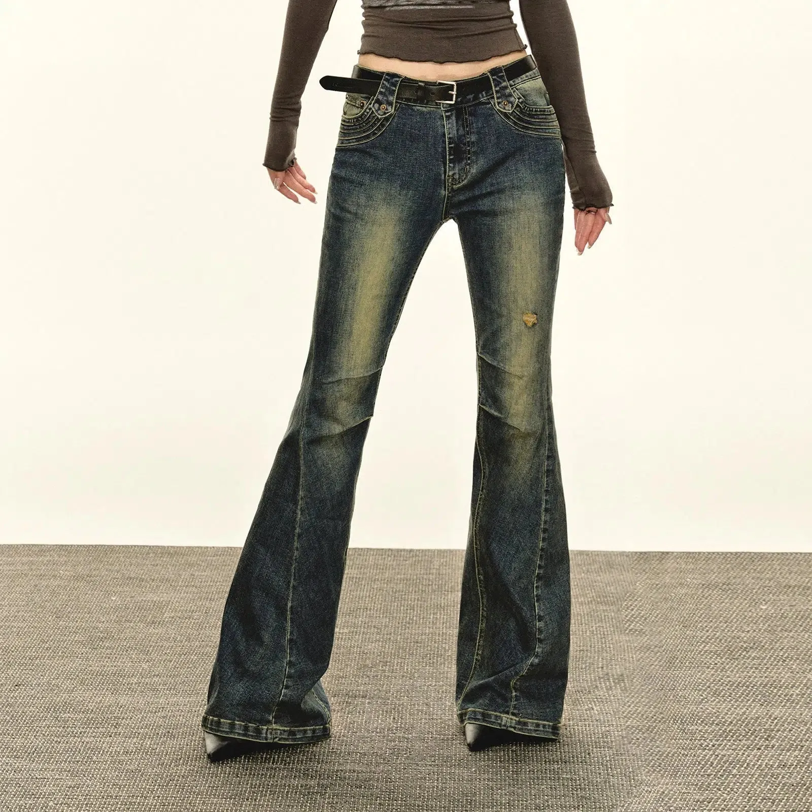 Decorative Stitching Flared Denim Jeans