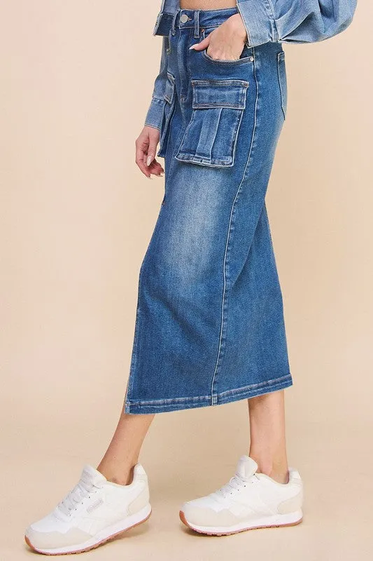 Denim Cargo Midi Skirt