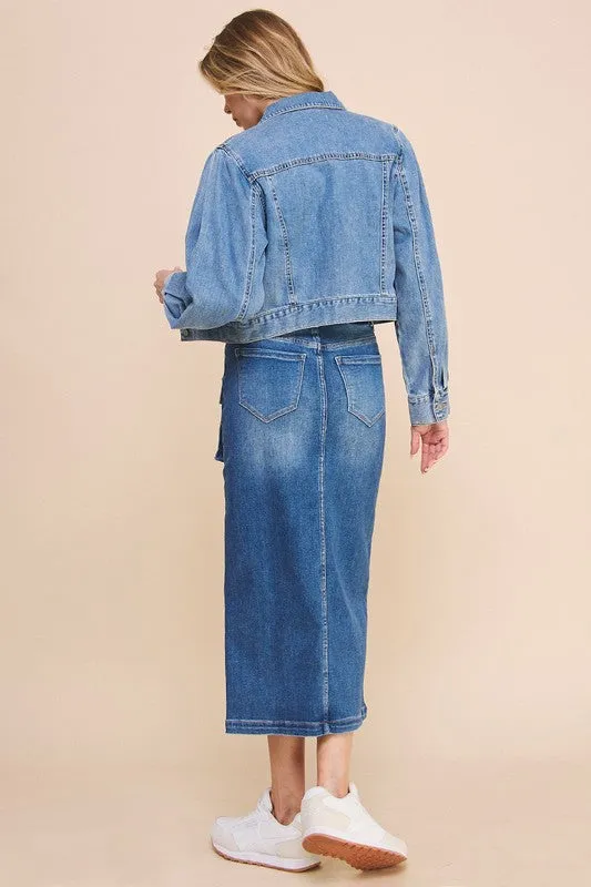 Denim Cargo Midi Skirt