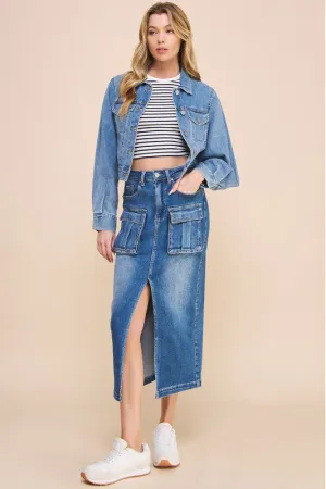 Denim Cargo Midi Skirt