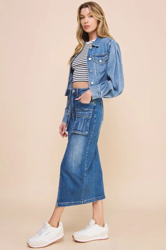 Denim Cargo Midi Skirt