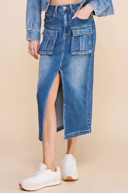 Denim Cargo Midi Skirt