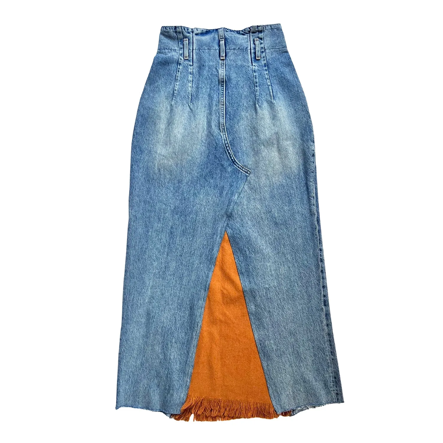 Denim Skirt in Paneled Blue & Tan Denim