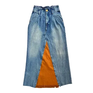 Denim Skirt in Paneled Blue & Tan Denim