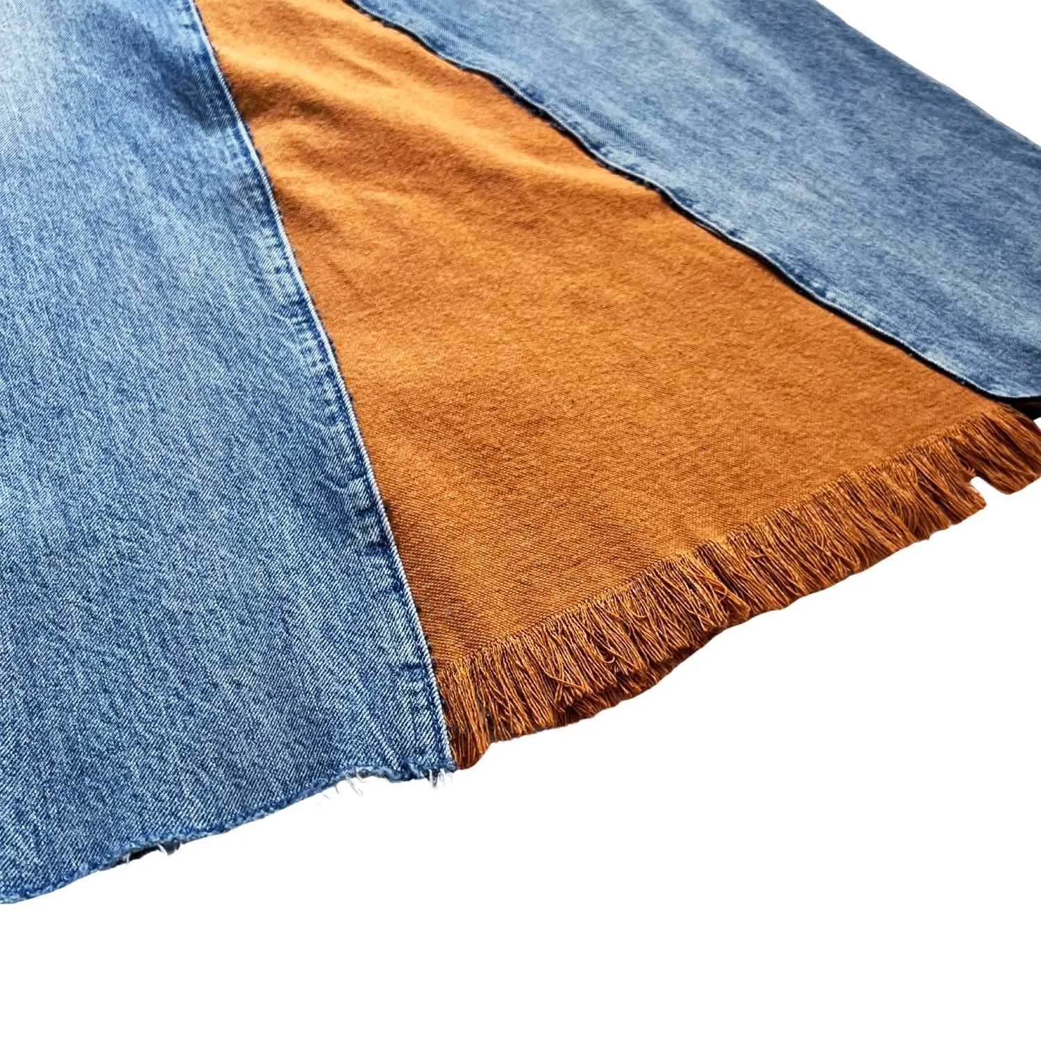 Denim Skirt in Paneled Blue & Tan Denim