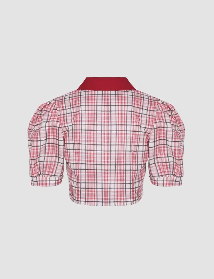 Doll Collar Plaid Short Sleeve Blouses