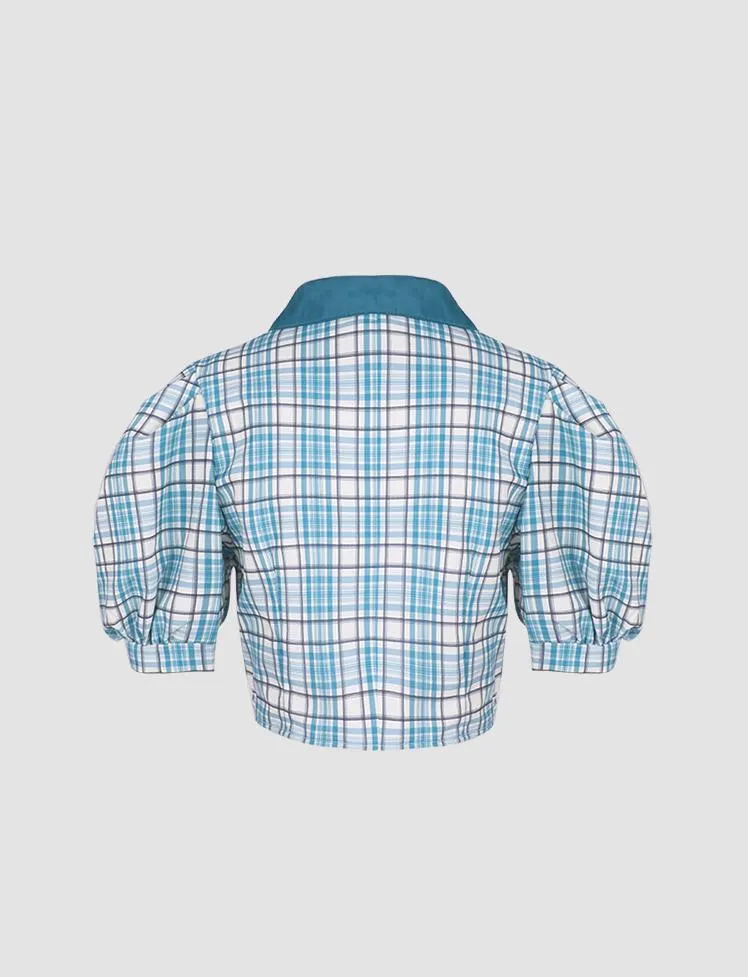 Doll Collar Plaid Short Sleeve Blouses