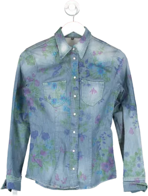 Don't Cry Milan Blue Floral Printed Denim Shirt UK 6