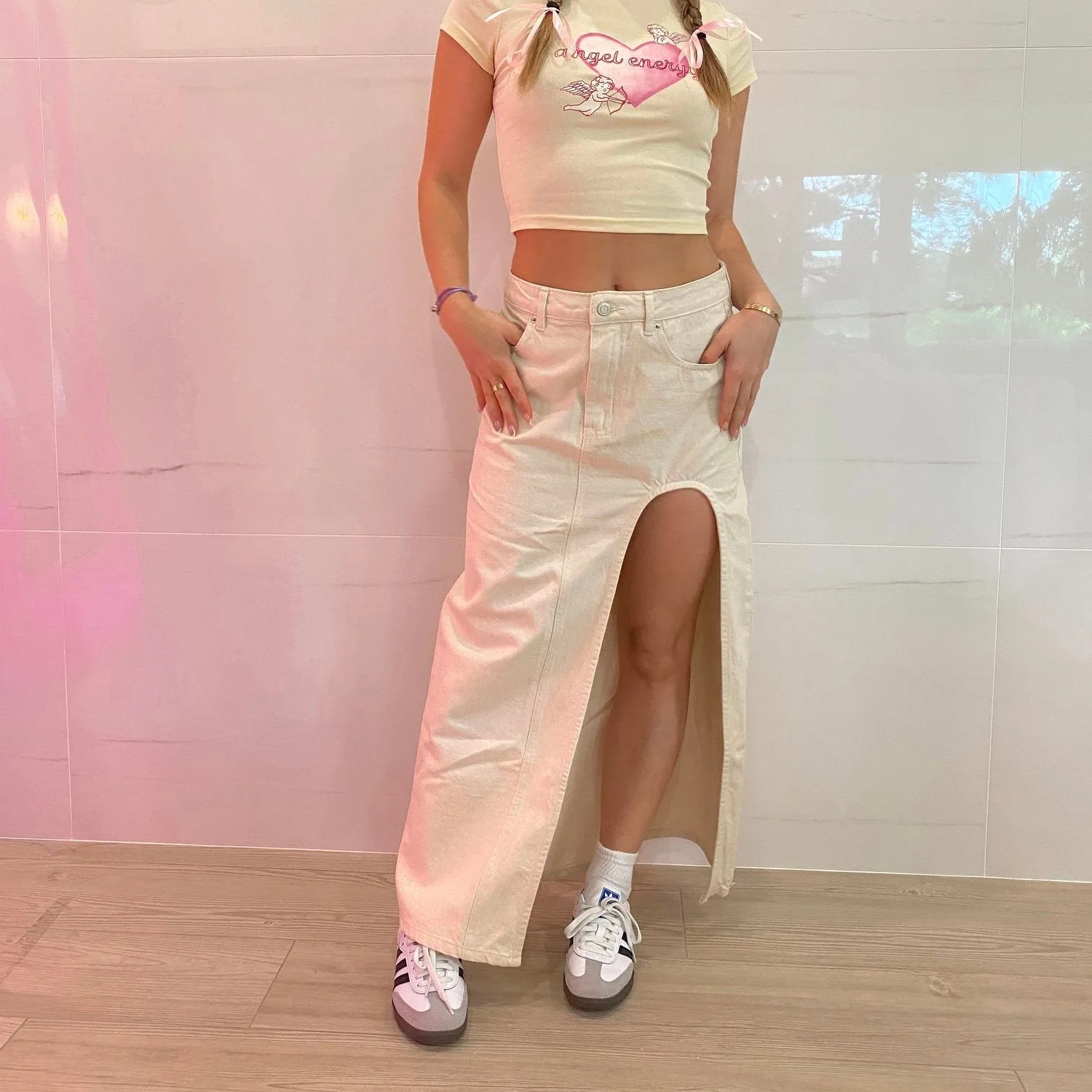 Ellabelle Cream Maxi Side Slit Skirt