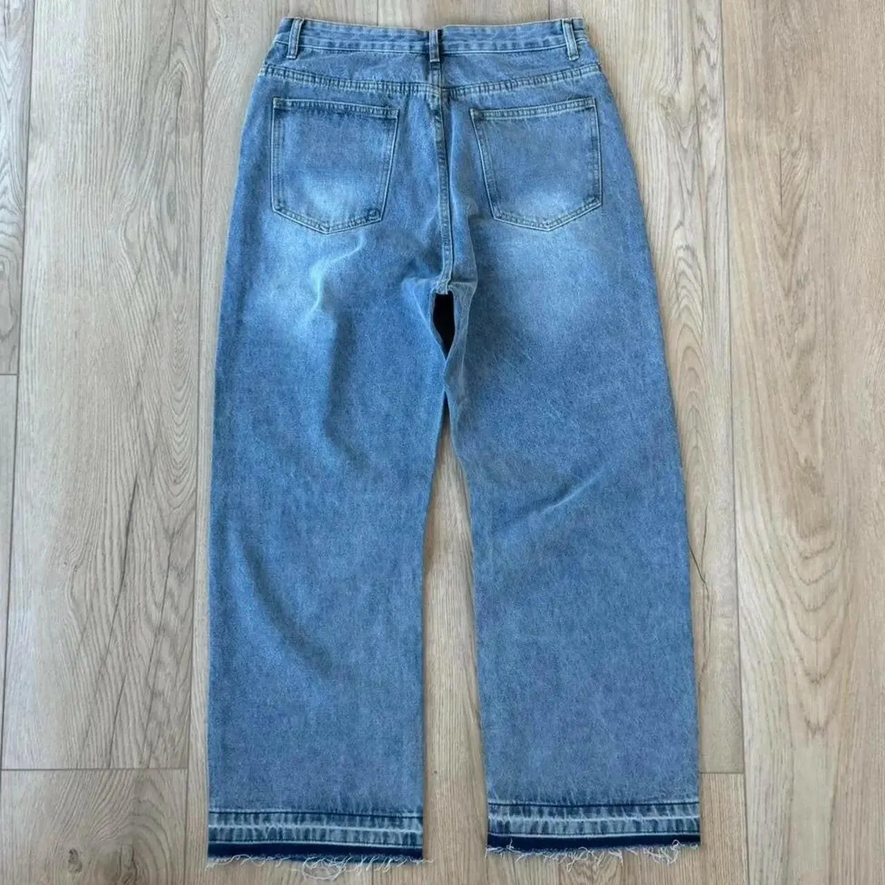 Faded Light Blue Distressed Wide Leg Jeans