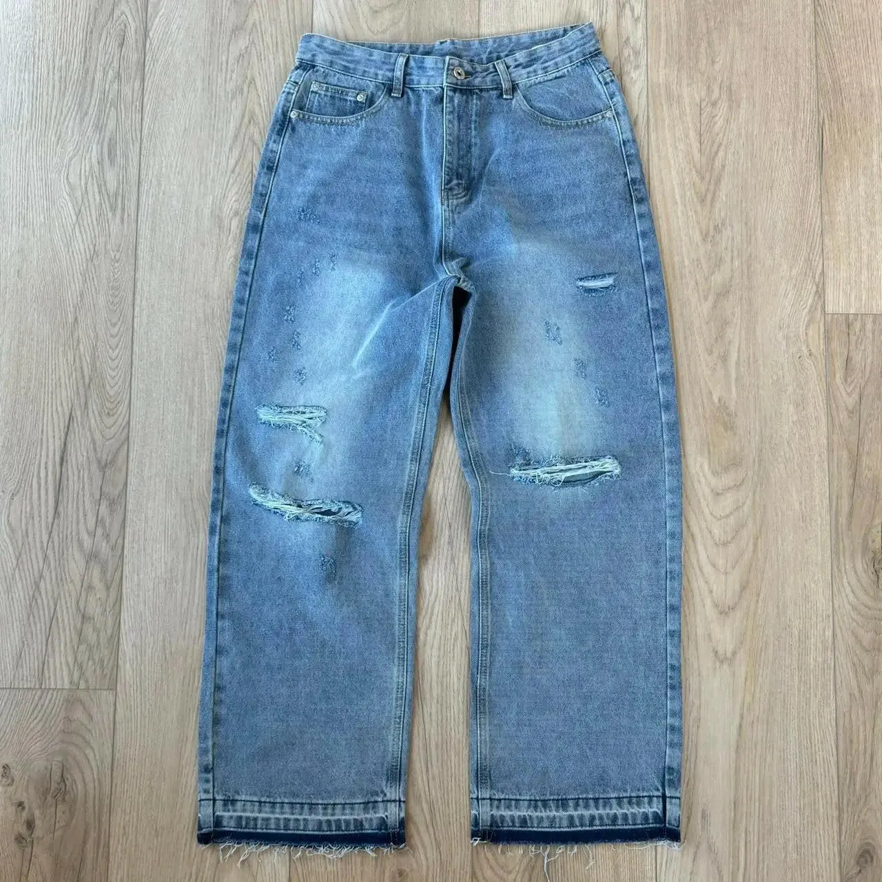 Faded Light Blue Distressed Wide Leg Jeans