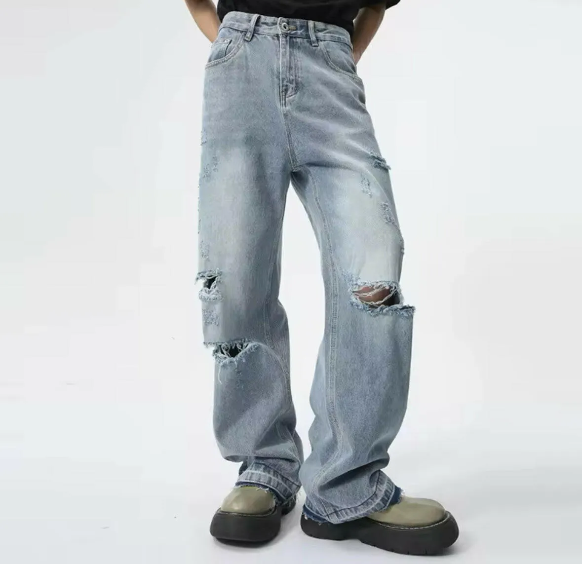 Faded Light Blue Distressed Wide Leg Jeans
