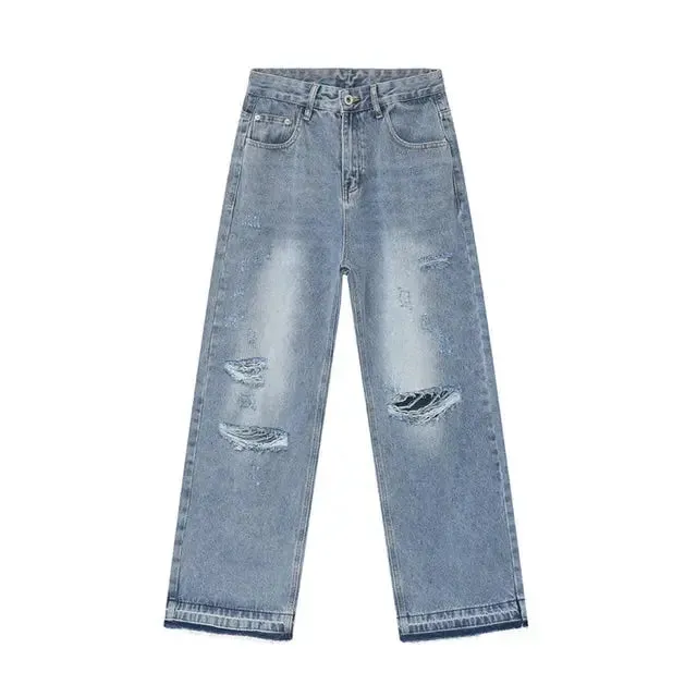 Faded Light Blue Distressed Wide Leg Jeans