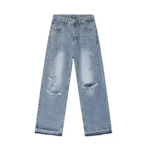 Faded Light Blue Distressed Wide Leg Jeans