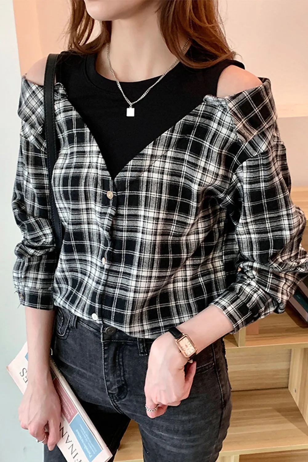 Fake Two Off Shoulder Plaid Blouse Shirt