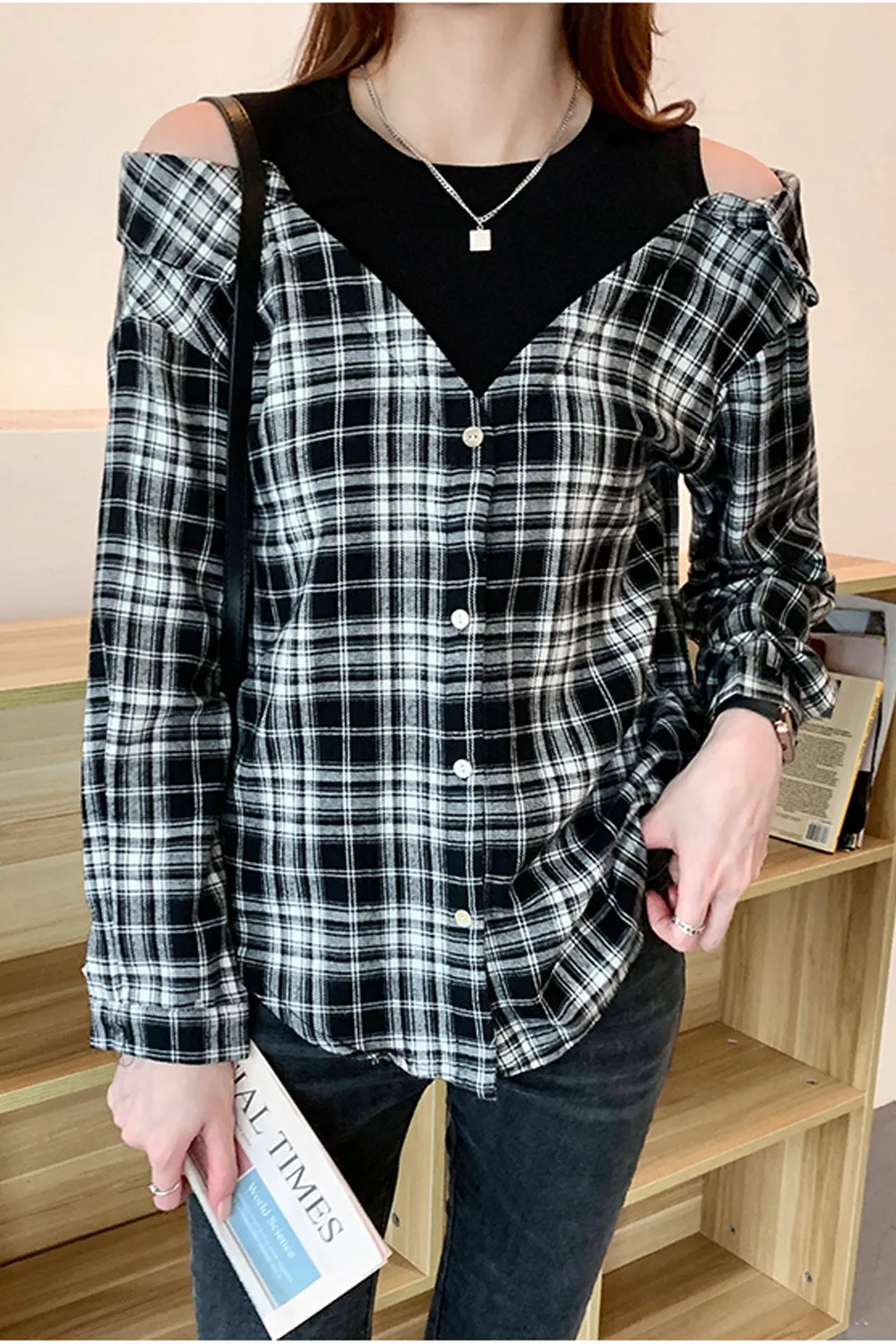 Fake Two Off Shoulder Plaid Blouse Shirt