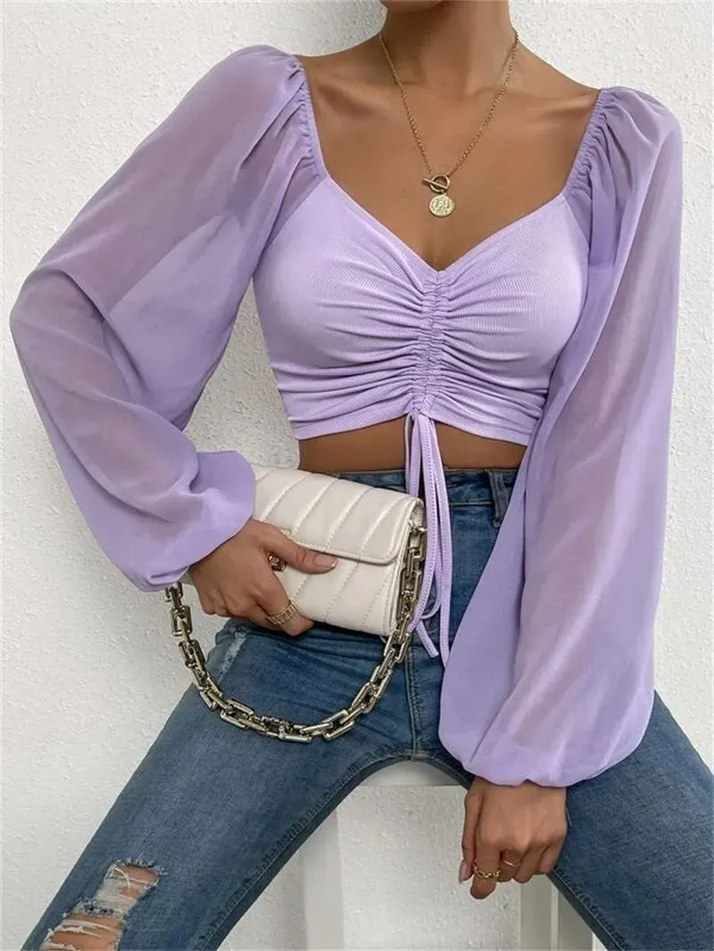 Finesse Ruched Drawstring V-Neck Long Sleeve Crop Top
