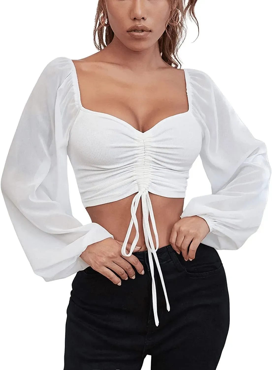 Finesse Ruched Drawstring V-Neck Long Sleeve Crop Top