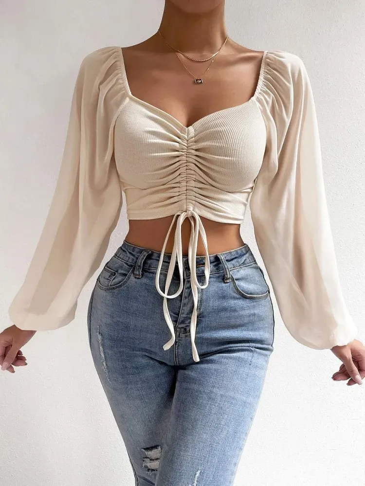 Finesse Ruched Drawstring V-Neck Long Sleeve Crop Top