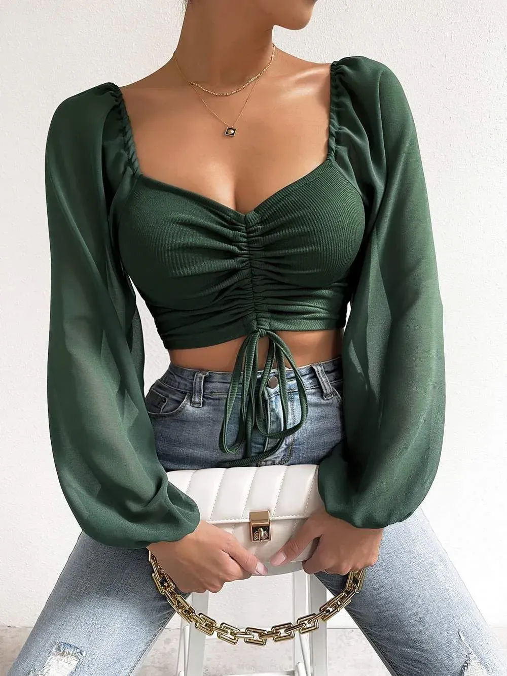Finesse Ruched Drawstring V-Neck Long Sleeve Crop Top