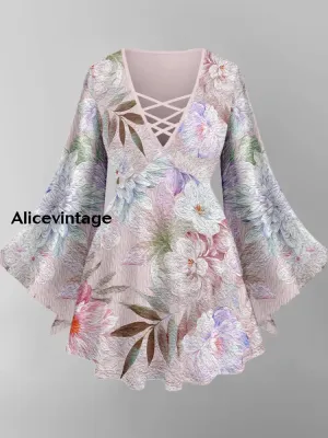 Floral Art Print V-Neck Long Sleeve Top