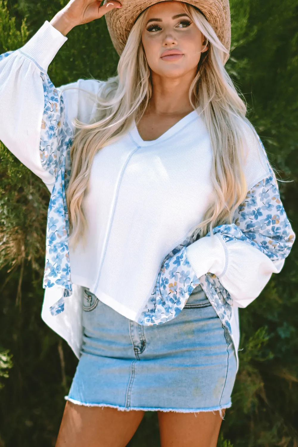 Floral Batwing Sleeve V Neck Blouse