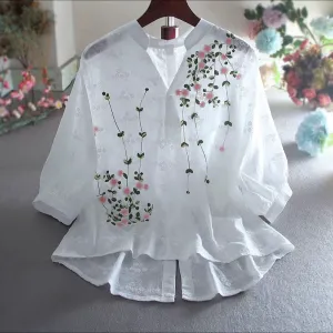 Floral Pattern Blouse - Button Front Design & Standing Collar