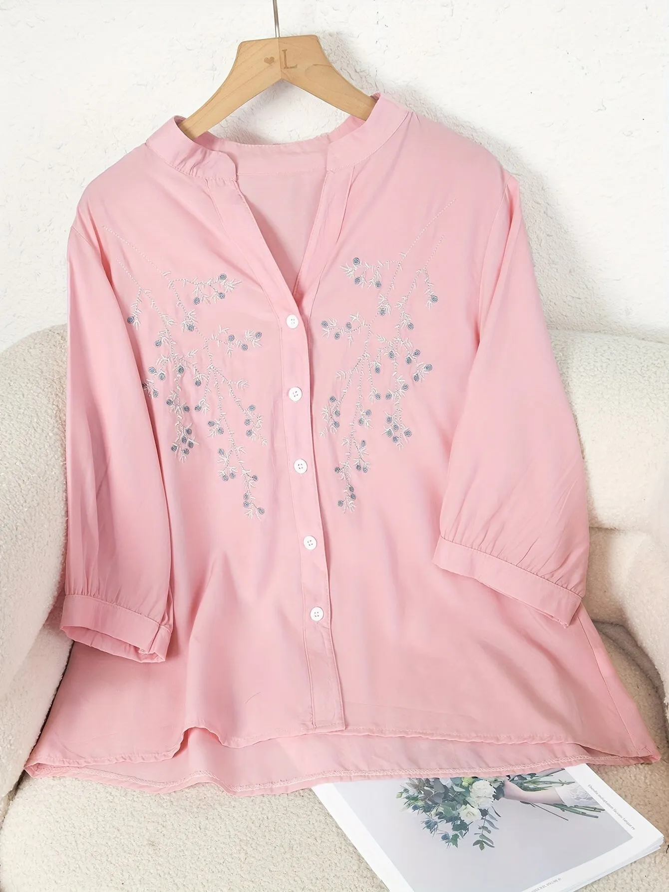 Floral Pattern Blouse - Button Front Design & Standing Collar