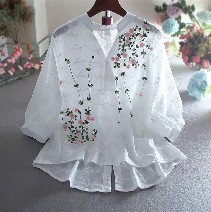 Floral Pattern Blouse - Button Front Design & Standing Collar