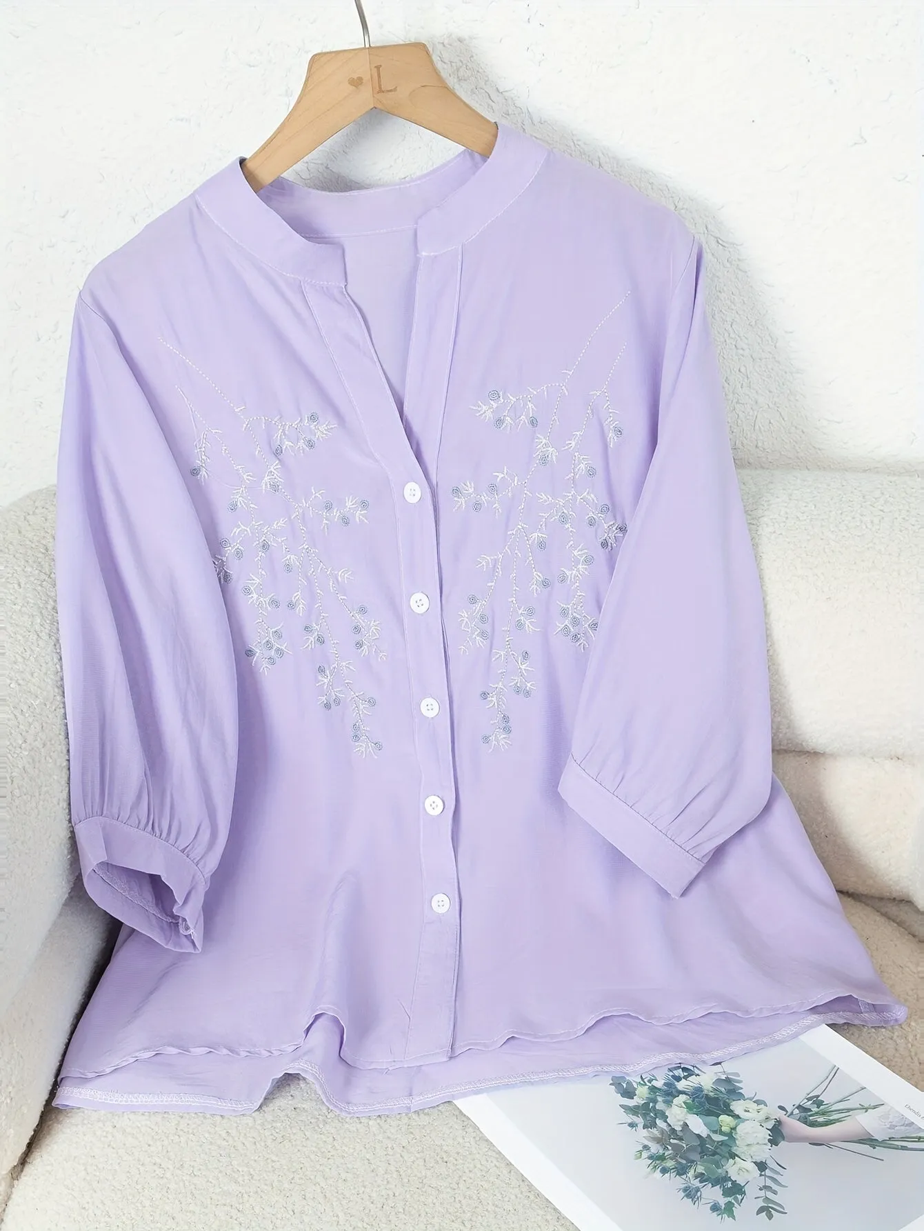 Floral Pattern Blouse - Button Front Design & Standing Collar