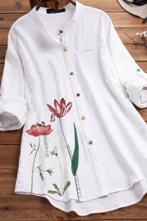 Floral Printing Cotton & Linen Blouse