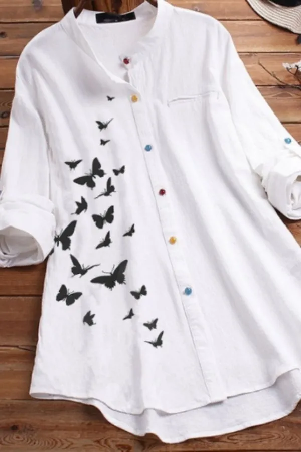 Floral Printing Cotton & Linen Blouse