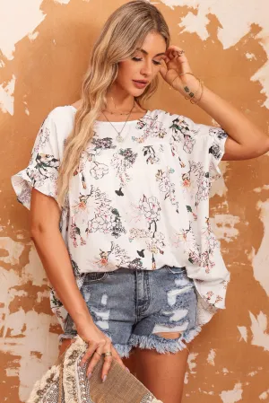 Floral Ruffled Back Knot Blouse