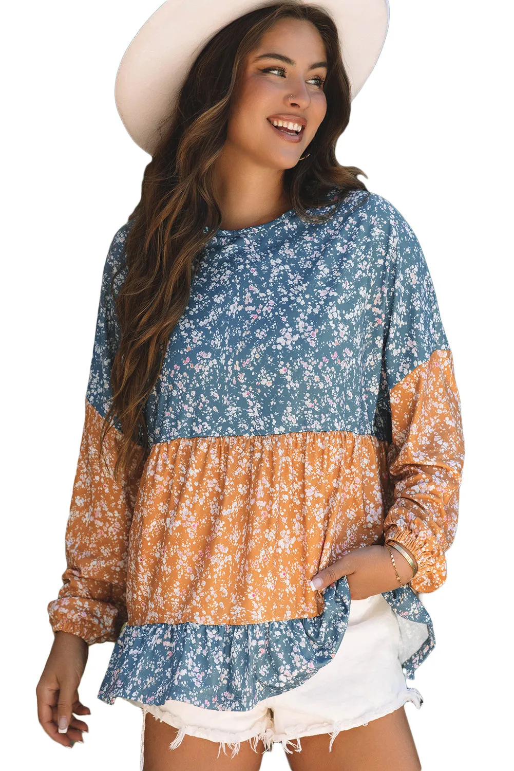Floral Ruffled Hem Round Neck Blouse
