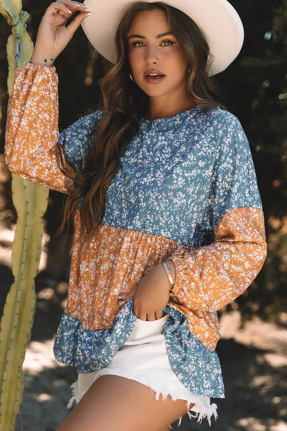 Floral Ruffled Hem Round Neck Blouse