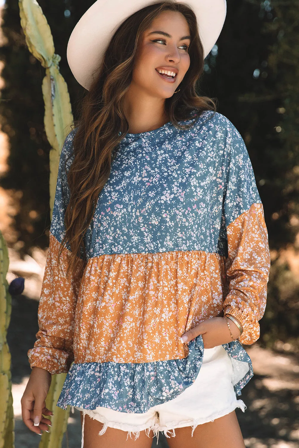 Floral Ruffled Hem Round Neck Blouse
