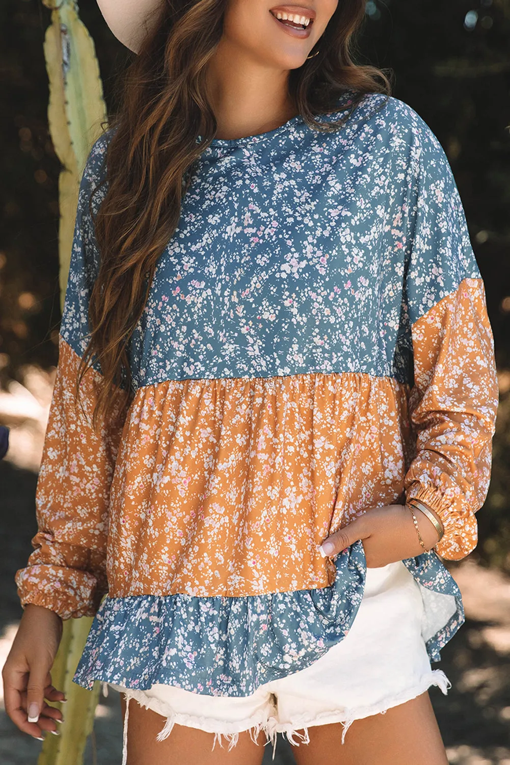 Floral Ruffled Hem Round Neck Blouse