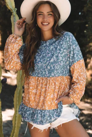 Floral Ruffled Hem Round Neck Blouse