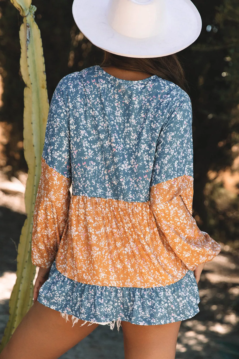 Floral Ruffled Hem Round Neck Blouse