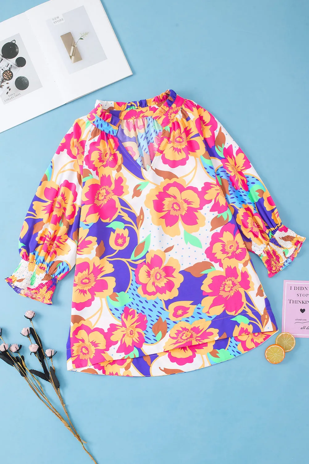 Floral Split Neck Frilled Blouse