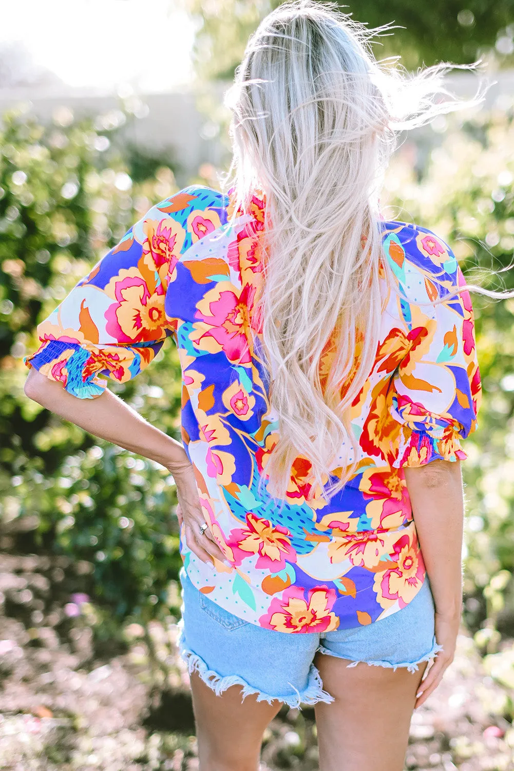 Floral Split Neck Frilled Blouse