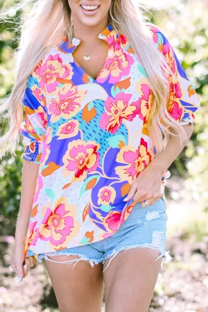 Floral Split Neck Frilled Blouse