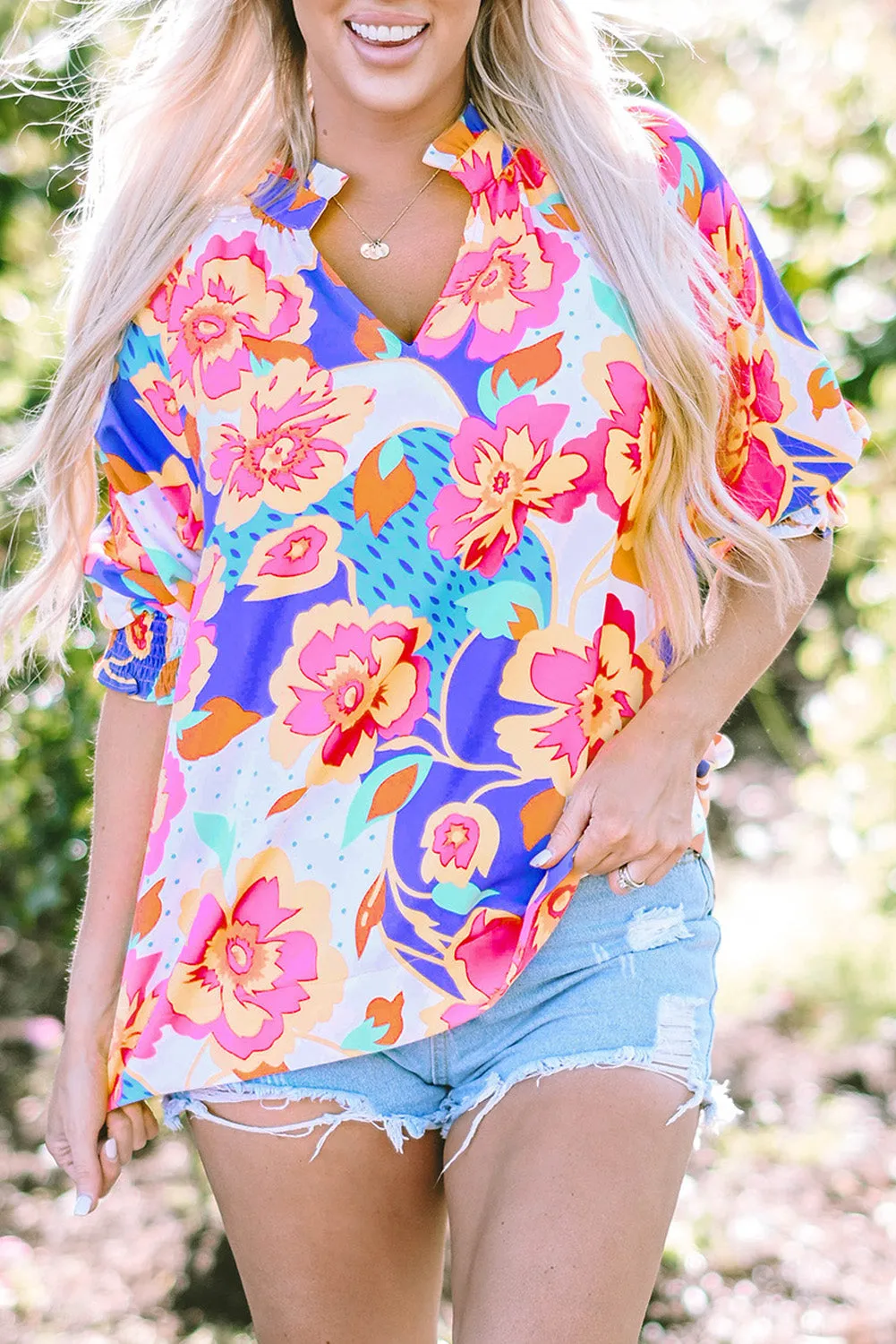Floral Split Neck Frilled Blouse